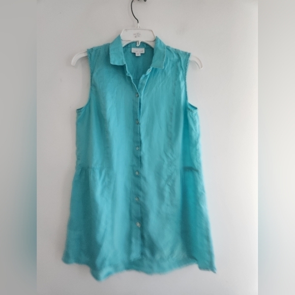 J.Jill Love Linen Blue/Green 100% Linen Button Down Sleevesss Blouse size Small - Picture 5 of 7